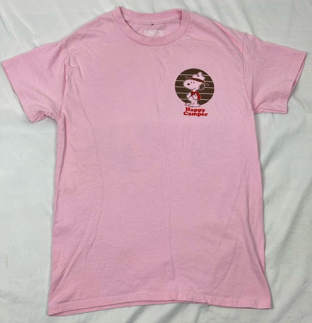 Peanuts Snoopy "Happy Camper" Graphic T-Shirt Short Slv Pink Camping Outdoors S